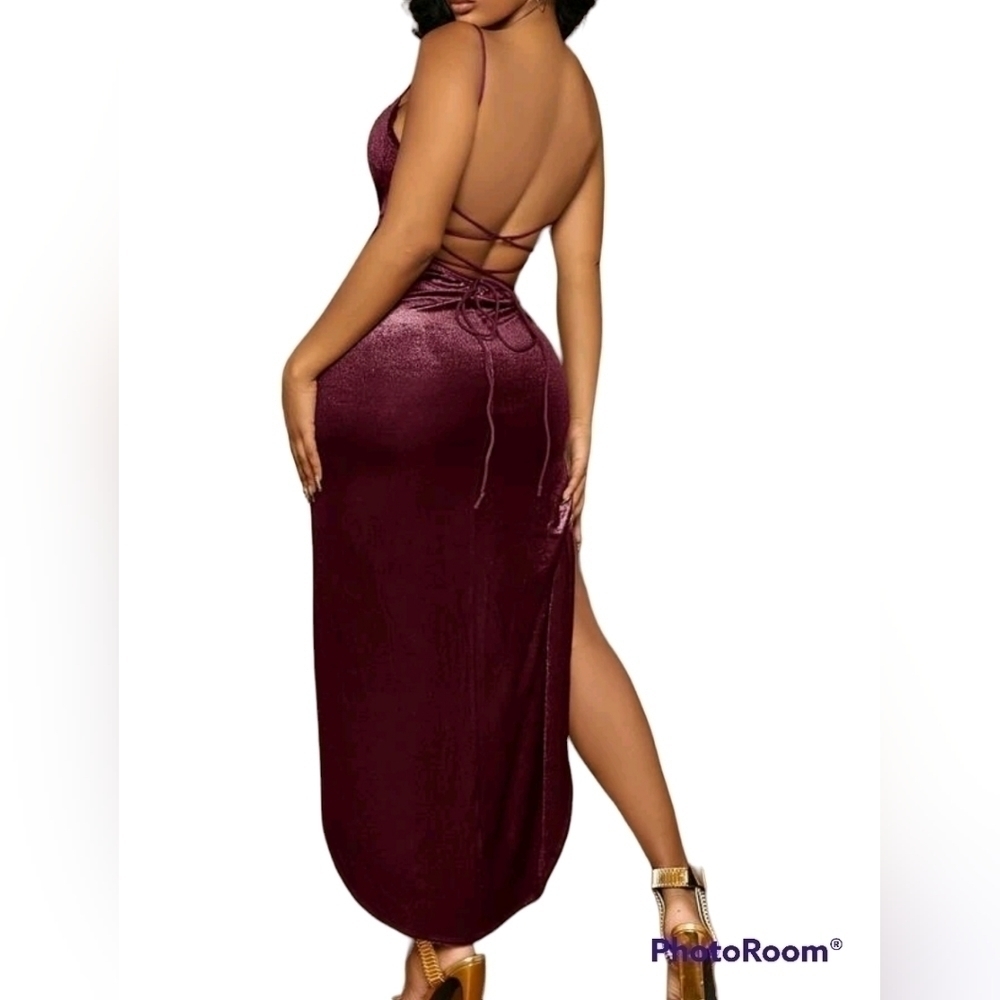 𝅺Women's Lace-Up Backless Thigh-Split Cami Dress with Draped Collar - Picture 3 of 6